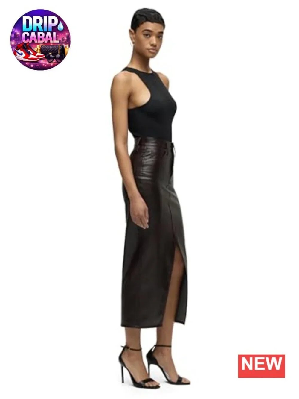High Rise Midi Vegan Leather Reconstructed Skirt with Front Slit